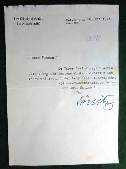 ADMIRAL DONITZ 1943 SIGNED LETTER ON ORIGINAL STATIONARY #286