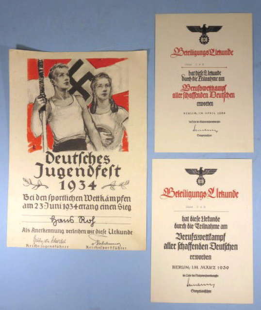 SOLD-NAZI GERMANY 1930's AWARDS DOCUMENTS NAMED 3 PIECES #829